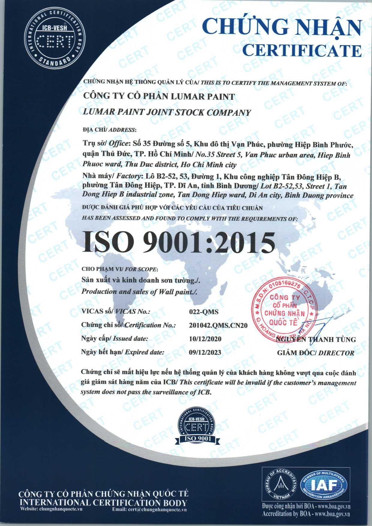 Lumar Paint đạt chứng nhận ISO 9001:2015